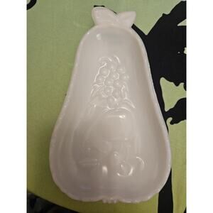 Vintage Milk Glass Pear Shaped embossed Fruit on Front Flowers on Back Tray